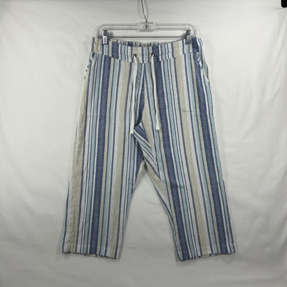 Dash Blue Striped Linen-Blend Drawstring Crop Pants – Beach Boho Capris Size PM